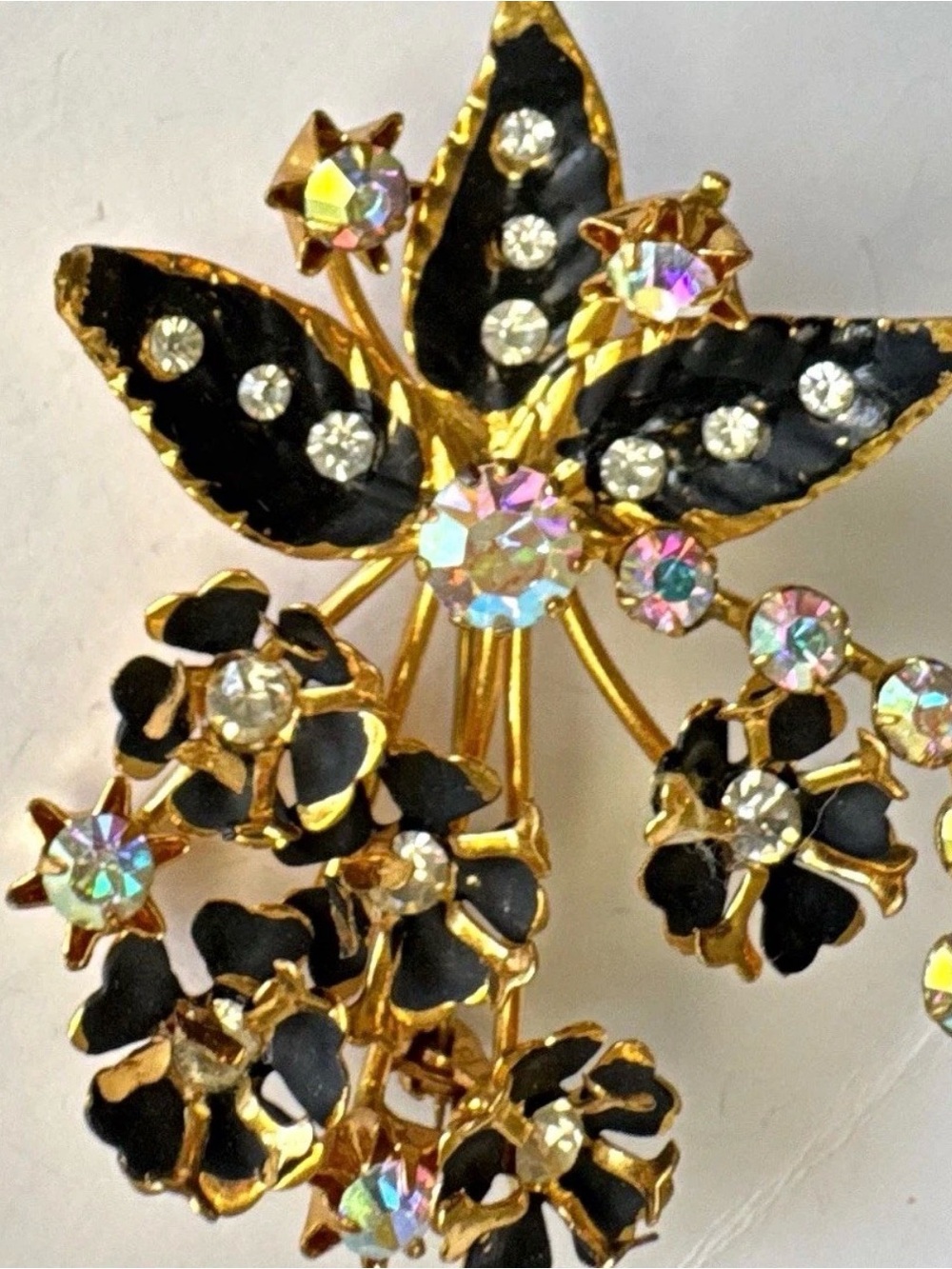 Vintage 1950s 60s Black Enamel AB Rhinestone Floral Bouquet Brooch Gold Tone